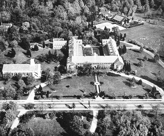 The Nebraska Avenue Complex sits on one of the highest points in Washington D.C. In 1929, work had begun on the Field House (Building 14) and the Gymnasium (Building 12). (Mount Vernon Seminary and College Archives, The George Washington University Library) 