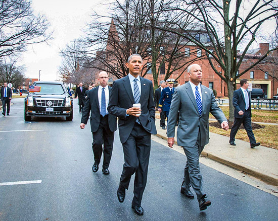 President Barack Obama visited the NAC on February 2, 2015, to announce the FY 2016 Budget Request.  Accompanied by Secretary Jeh Johnson, President Obama walked along Seminary Way to Building 12, the Gymnasium, where the event was held. (DHS Photo, Jetta Disco)
