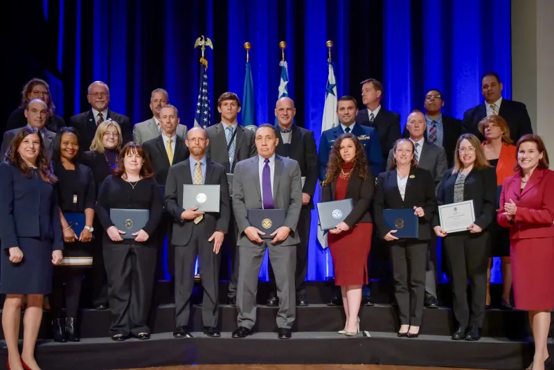 The DHS Data Act Project Team receive the Secretary's Unity Effort Award at the Department of Homeland Security Secretary's Awards Ceremony in Washington, D.C., Nov. 8, 2017. The team was honored for their work in bringing the department into compliance with the Digital Accountability and Transparency Act of 2014, which requires all federal agencies to transform their financial data into publicly accessible, information. Official DHS photo by Jetta Disco.
