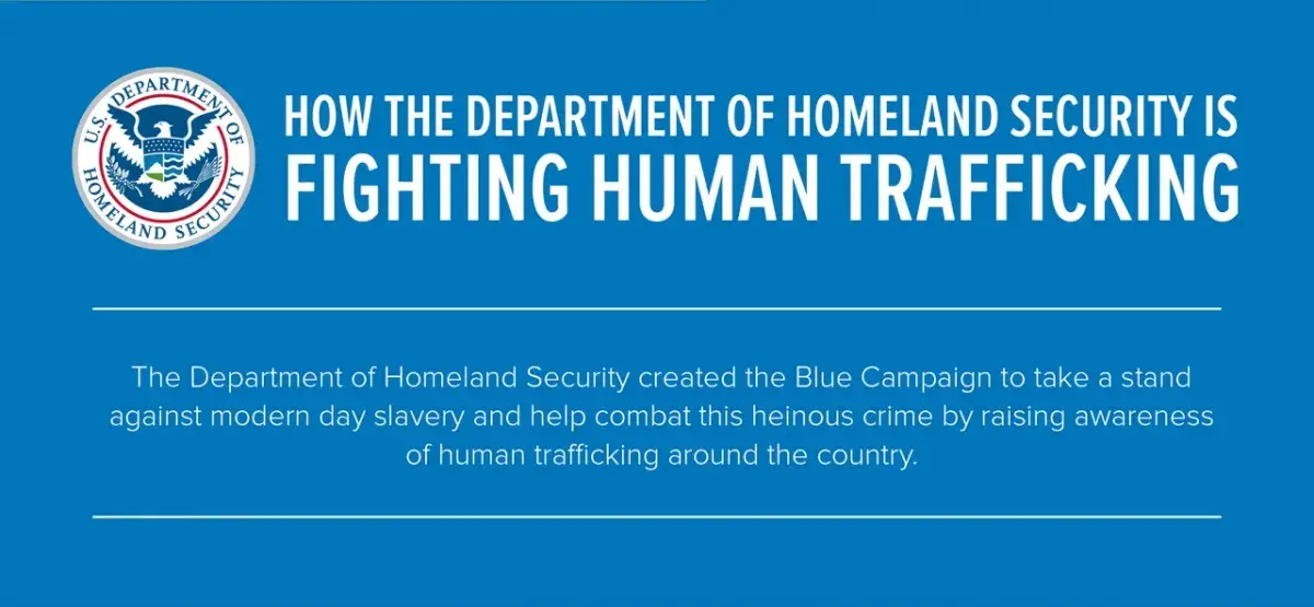 U.S. Department of Homeland Securty seal/logo followed by the text: How the Department of Homeland Security is fighting human trafficking.  The Department of Homeland Security created the Blue Campaign to take a stand against modern day slavery and help combat this heinous crime by raising awareness of homan trafficking around the country.