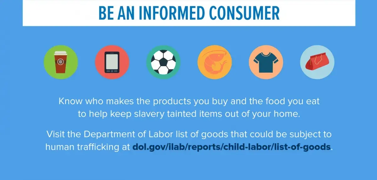 Be an informed consumer (Blue text on white banner). Images in circles of a paper coffee cup, mobile tablet, soccer ball, fish, t-shirt, and purse below the banner and above the text  Know who makes the products you buy and the food you eat to help keep slavery tainted items out of your home.  Visit the Department of Labor list of goods that could be subject to human trafficking at dol.gov/ilab/reports/child-labor/list-of-goods